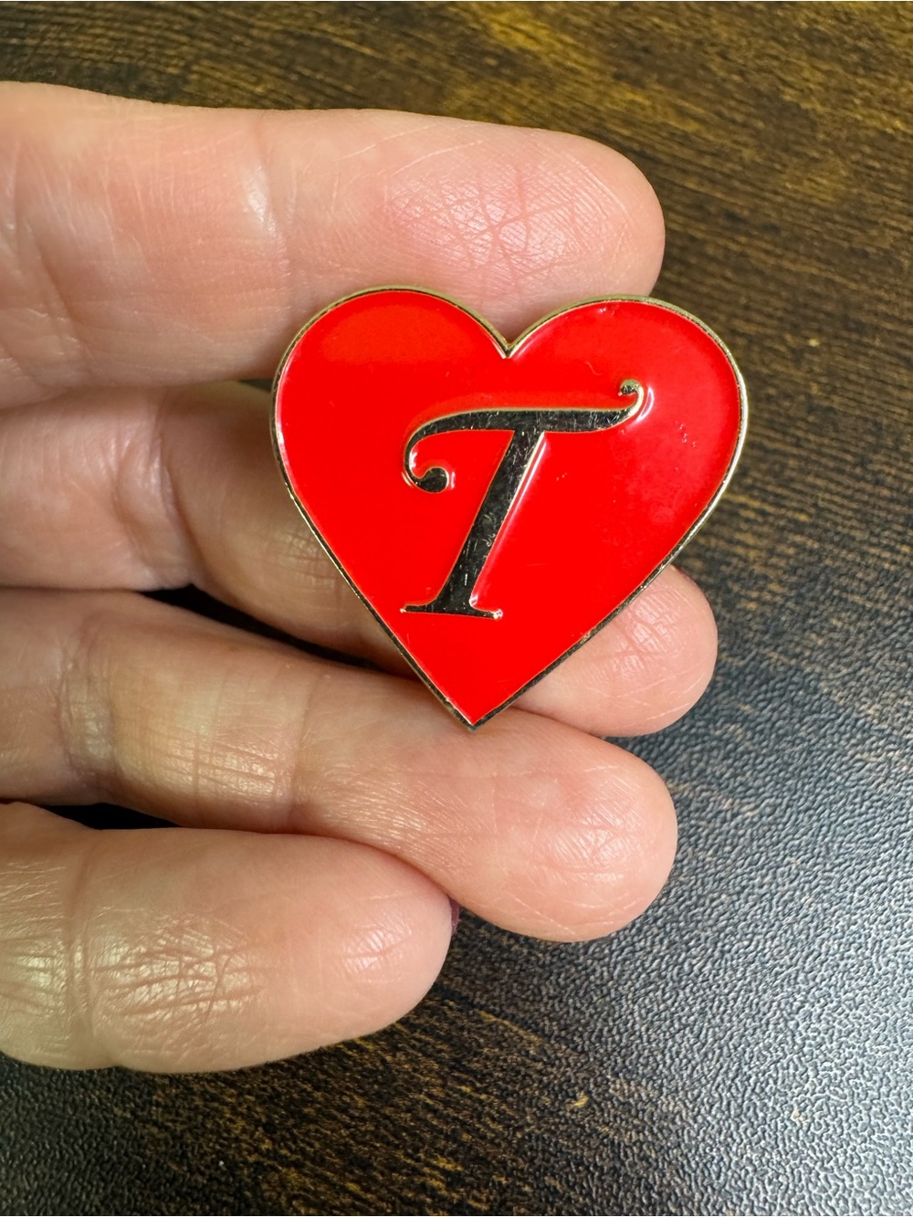Red Heart Initial 'T' Enamel Pin with Gold Trim
